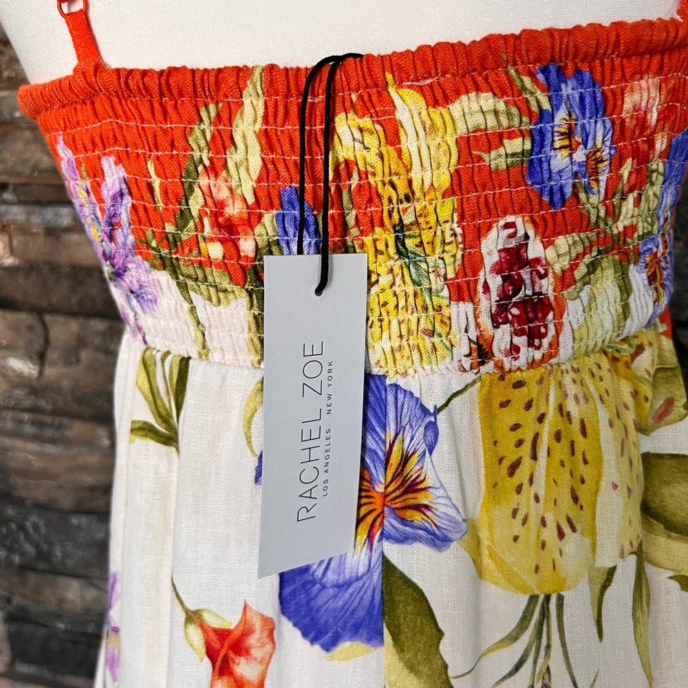 Rachel Zoe Cream Floral Maxi Dress with Bright Orange Trim - Picture 4 of 7
